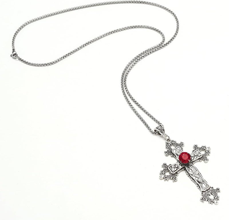 SHUS LIVE Gothic Cross Necklace Silver-Tone Pendant with Glass Stone, on 25” Steel Chain, Cross Necklace for Women, Large Goth Silver Cross Necklaces for Man, Big y2k Necklaces, Halloween Jewelry - Image 2